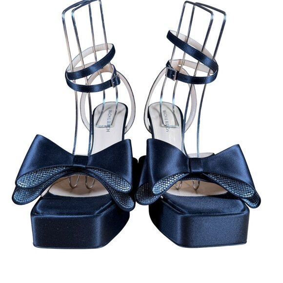 Mach & Mach Black Satin Le Cadeau Square Toe Crystal Bow Platform Sandals EU 39 - Picture 3 of 11